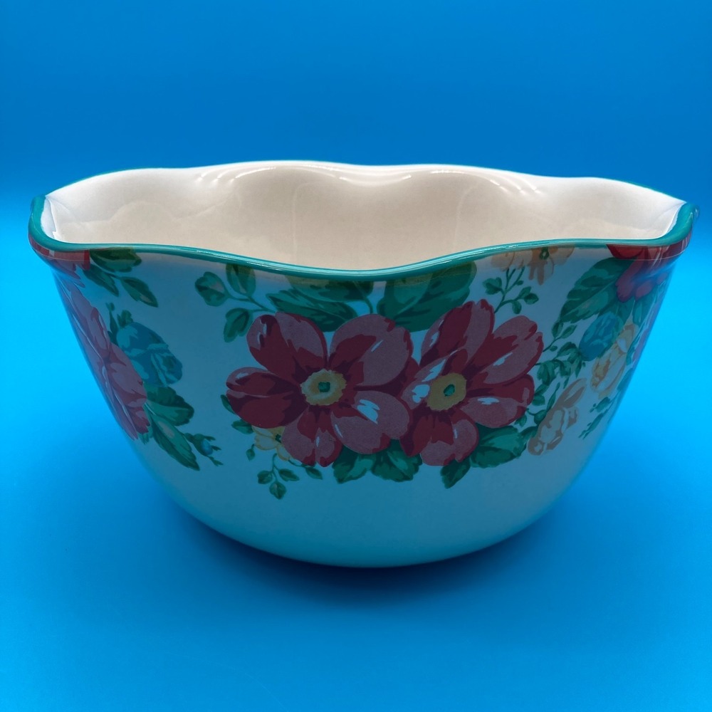 Pioneer Woman 2015DIB Vintage Floral Teal Scalloped Stoneware Mixing Bowl